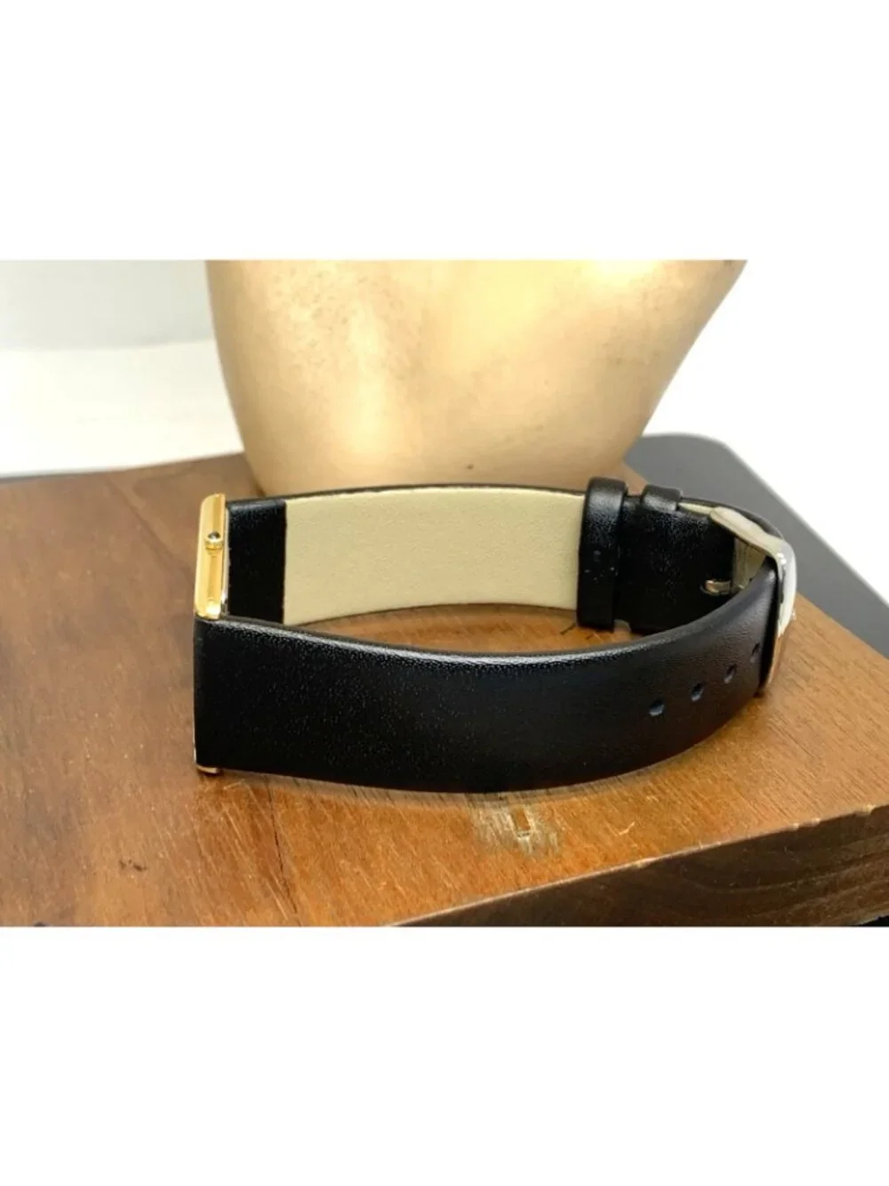 Lassale By Seiko Watch 7730-5059 Quartz Tank Gold Dial Black Leather Strap 23mm